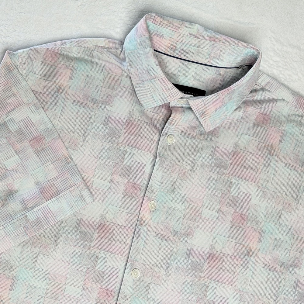 Bugatchi OoohCotton Tech Shirt Mens L Mint Pink Plaid 8 Way Stretch Short Sleeve